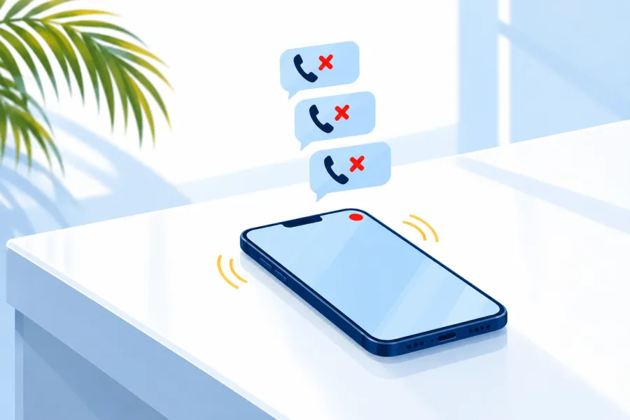 Illustration: a phone ringing on an empty desk under a stack of missed-call alerts