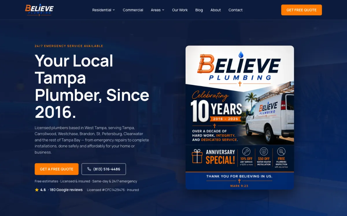Believe Plumbing homepage: Your Local Tampa Plumber, Since 2016, with Get a Free Quote and call buttons