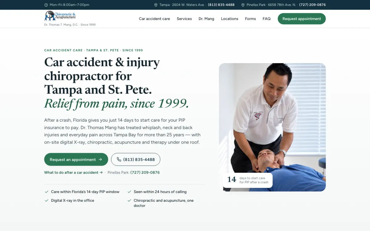Dr. Thomas Mang homepage: Car accident and injury chiropractor for Tampa and St. Pete, with Request an appointment and call buttons